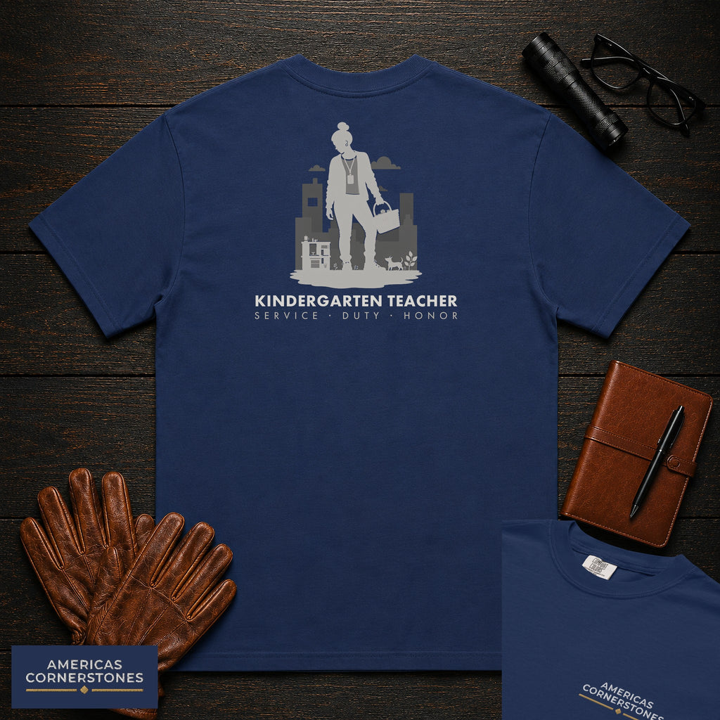 Kindergarten Teacher embroidered t-shirt in True Navy, Setting up center (Female)