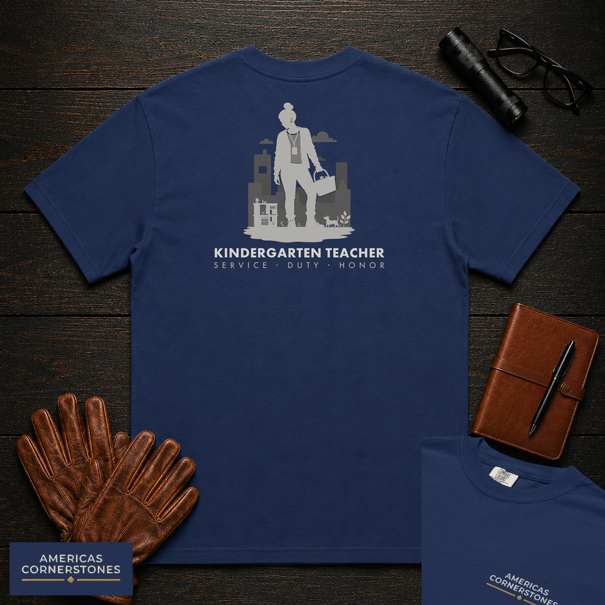 Kindergarten Teacher embroidered t-shirt in True Navy, Setting up center (Female)