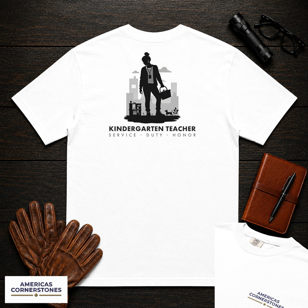Kindergarten Teacher embroidered t-shirt in White, Setting up center (Female)