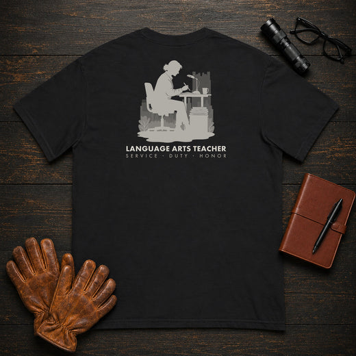 Language Arts Teacher T-Shirt | Standard Back Print | Grading essays (Female)