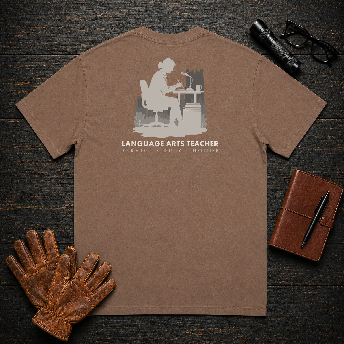 Language Arts Teacher T-Shirt | Standard Back Print | Grading essays (Female) — Espresso