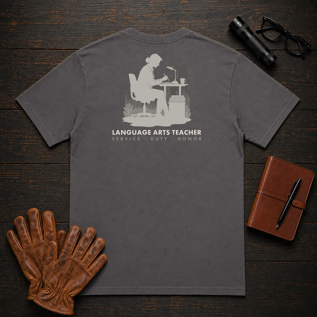 Language Arts Teacher T-Shirt | Standard Back Print | Grading essays (Female) — Graphite