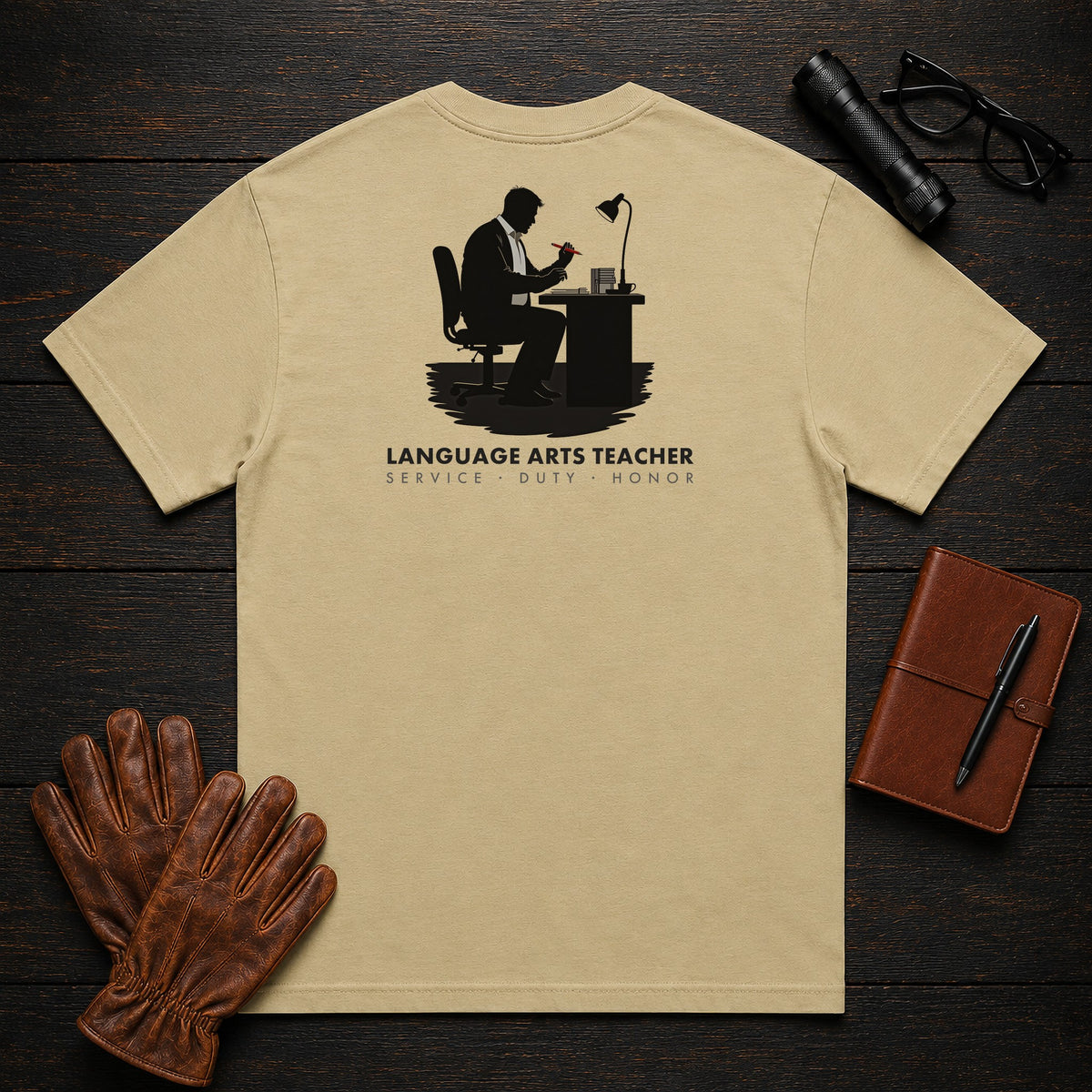 Language Arts Teacher t-shirt in Khaki, Grading essays (Male)