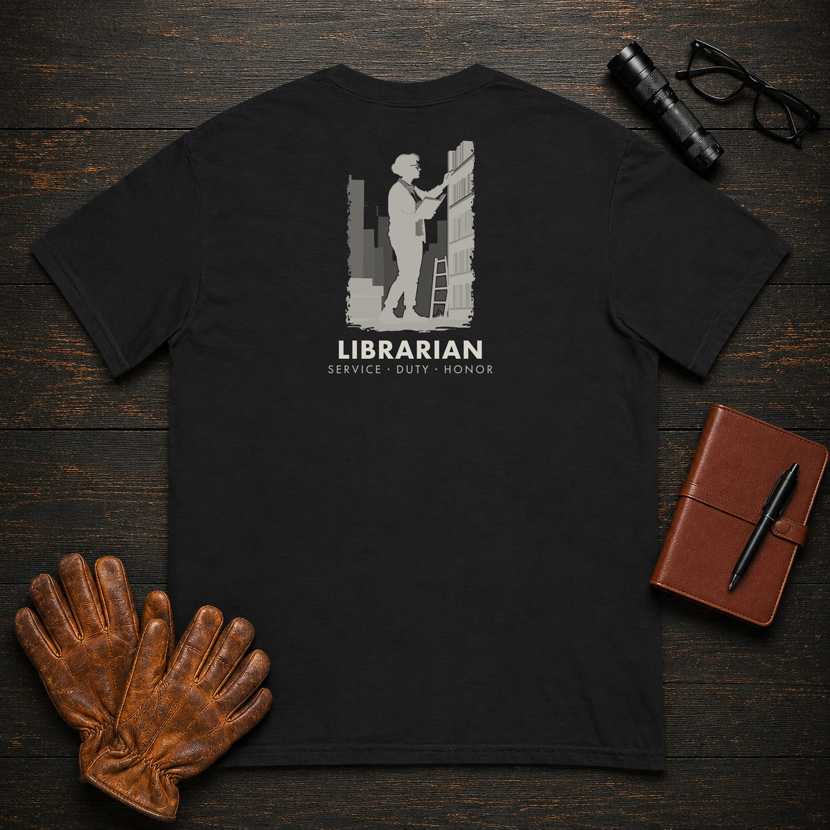 Librarian T-Shirt | Standard Back Print | Shelving Books (Female) — Black