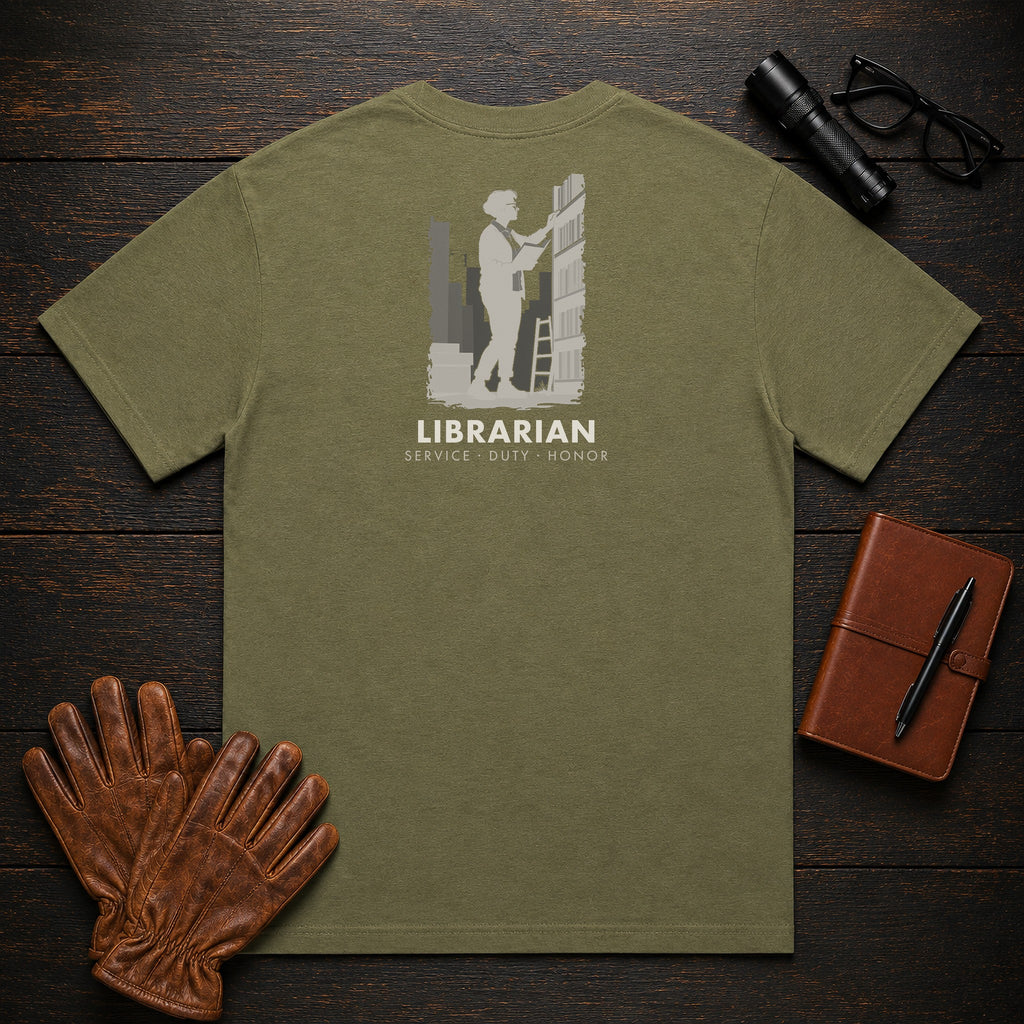 Librarian T-Shirt | Standard Back Print | Shelving Books (Female) — Hemp