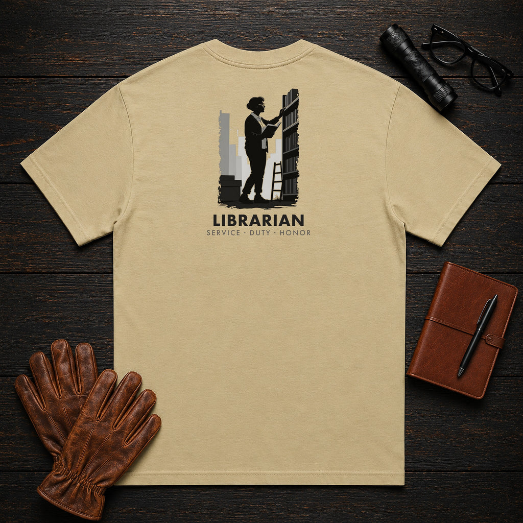 Librarian T-Shirt | Standard Back Print | Shelving Books (Female) — Khaki
