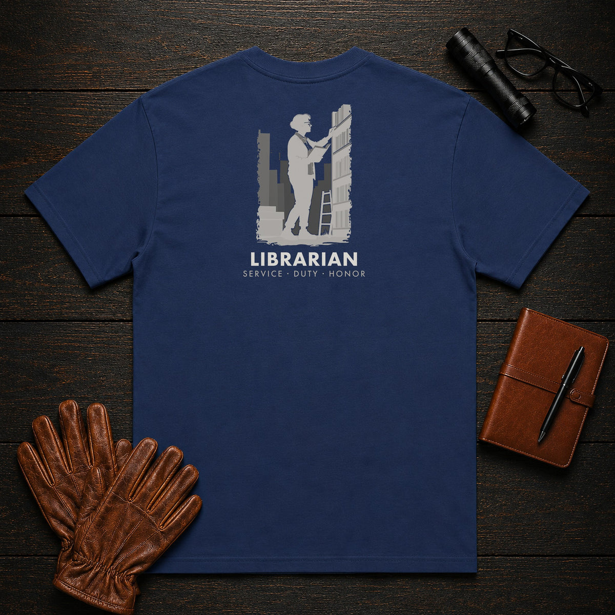 Librarian T-Shirt | Standard Back Print | Shelving Books (Female) — True Navy