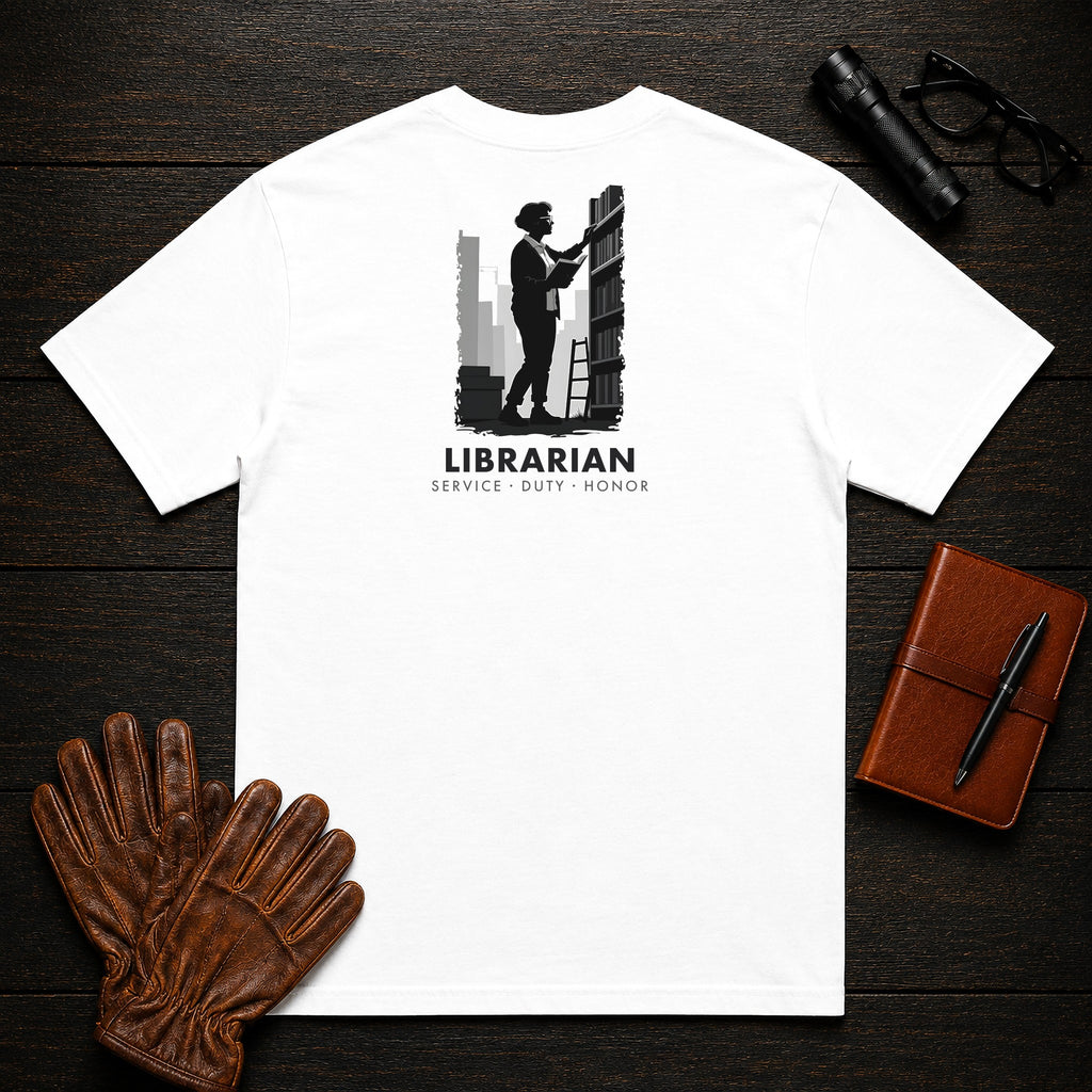 Librarian T-Shirt | Standard Back Print | Shelving Books (Female) — White