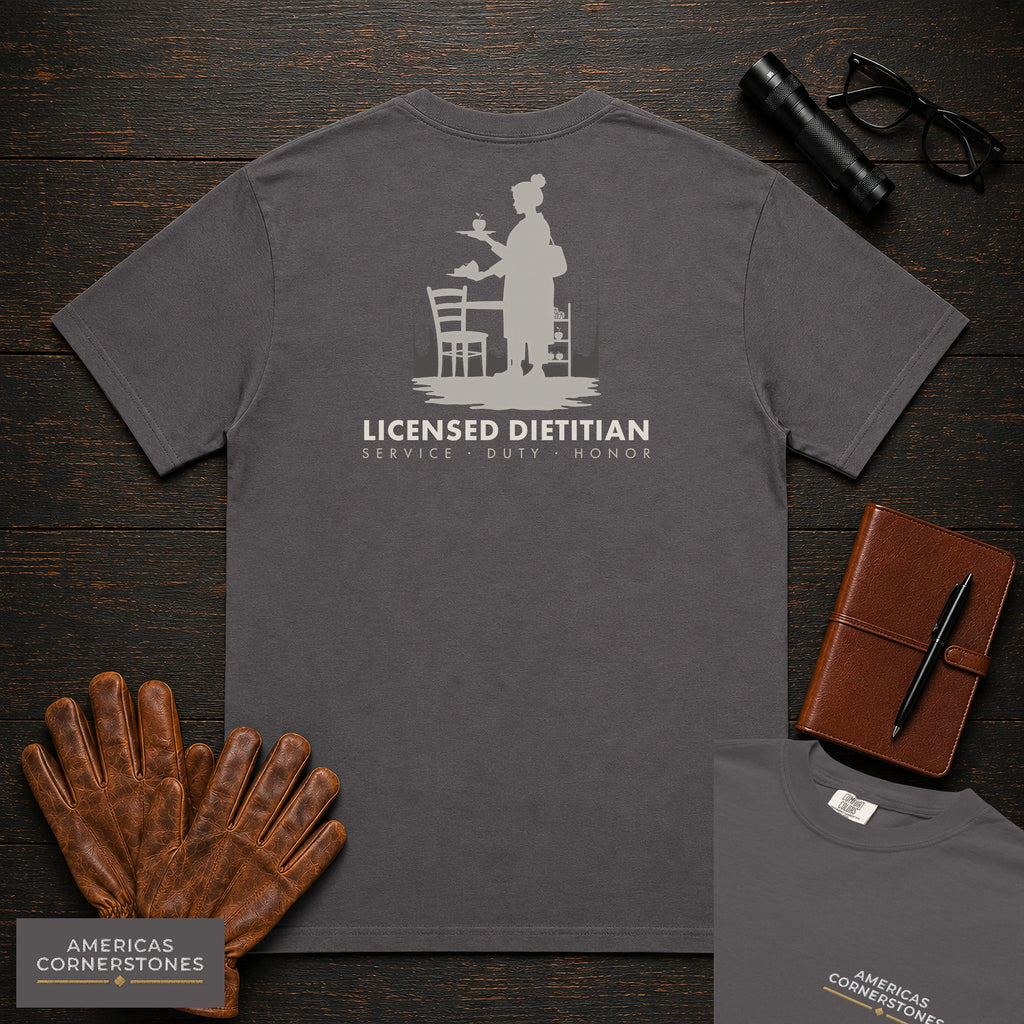 Licensed Dietitian T-Shirt | Statement Embroidered Front + Back Print | Food Models (Female) — Graphite