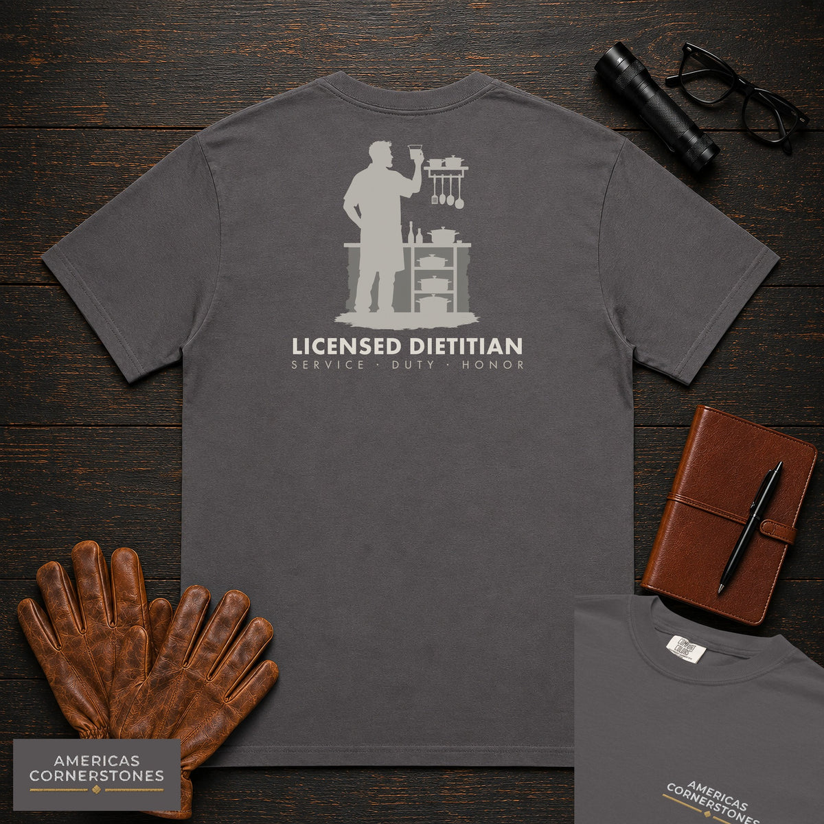 Licensed Dietitian embroidered t-shirt in Graphite, Kitchen Portions (Male)