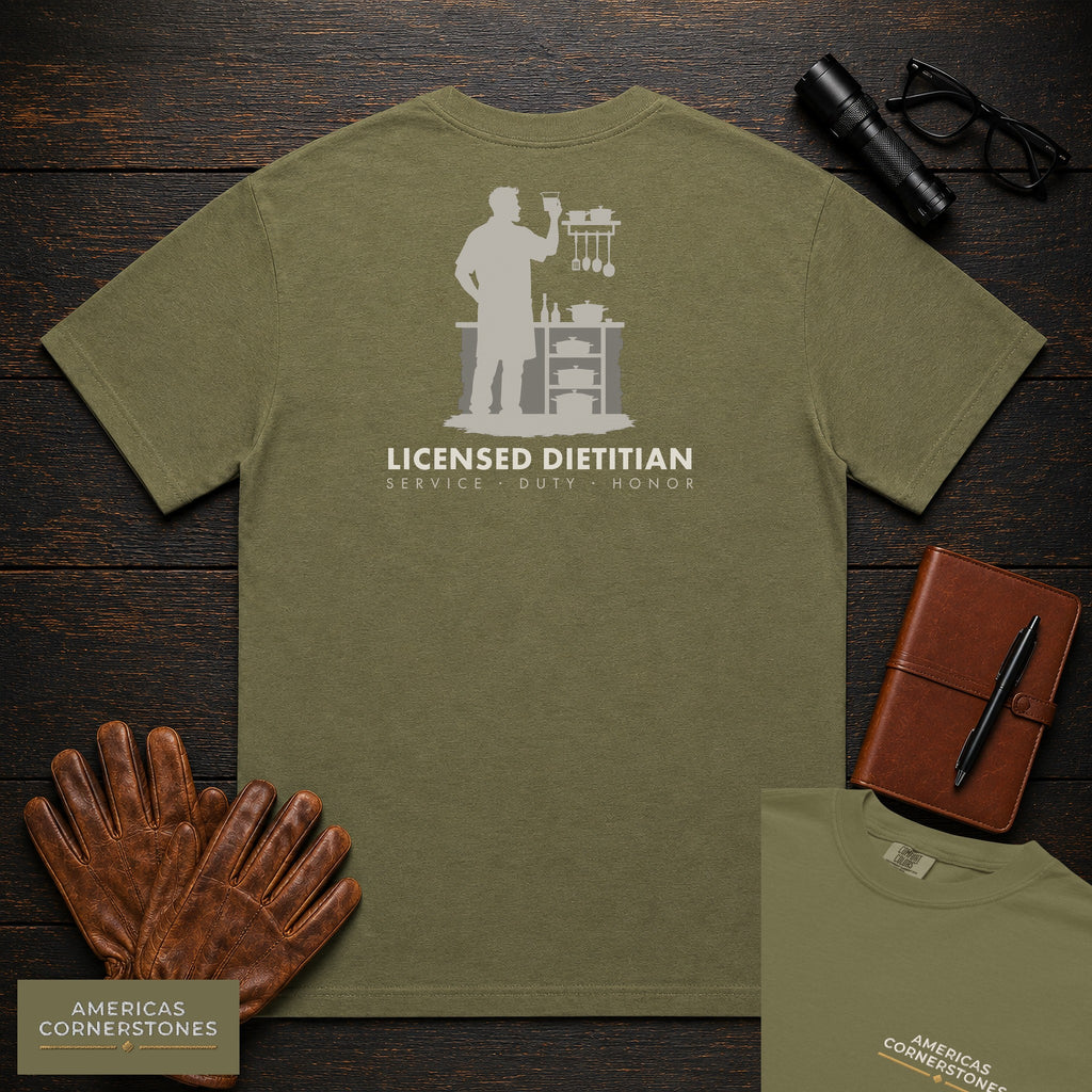 Licensed Dietitian embroidered t-shirt in Hemp, Kitchen Portions (Male)
