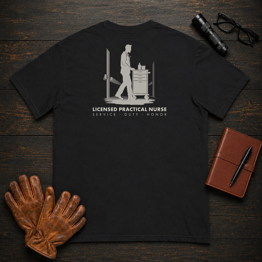 Licensed Practical Nurse T-Shirt | Standard Back Print | Medication Cart (Male) — Black