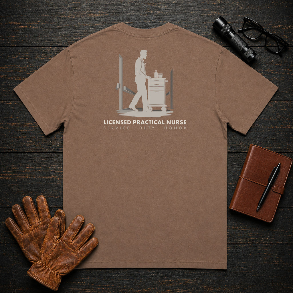 Licensed Practical Nurse T-Shirt | Standard Back Print | Medication Cart (Male) — Espresso