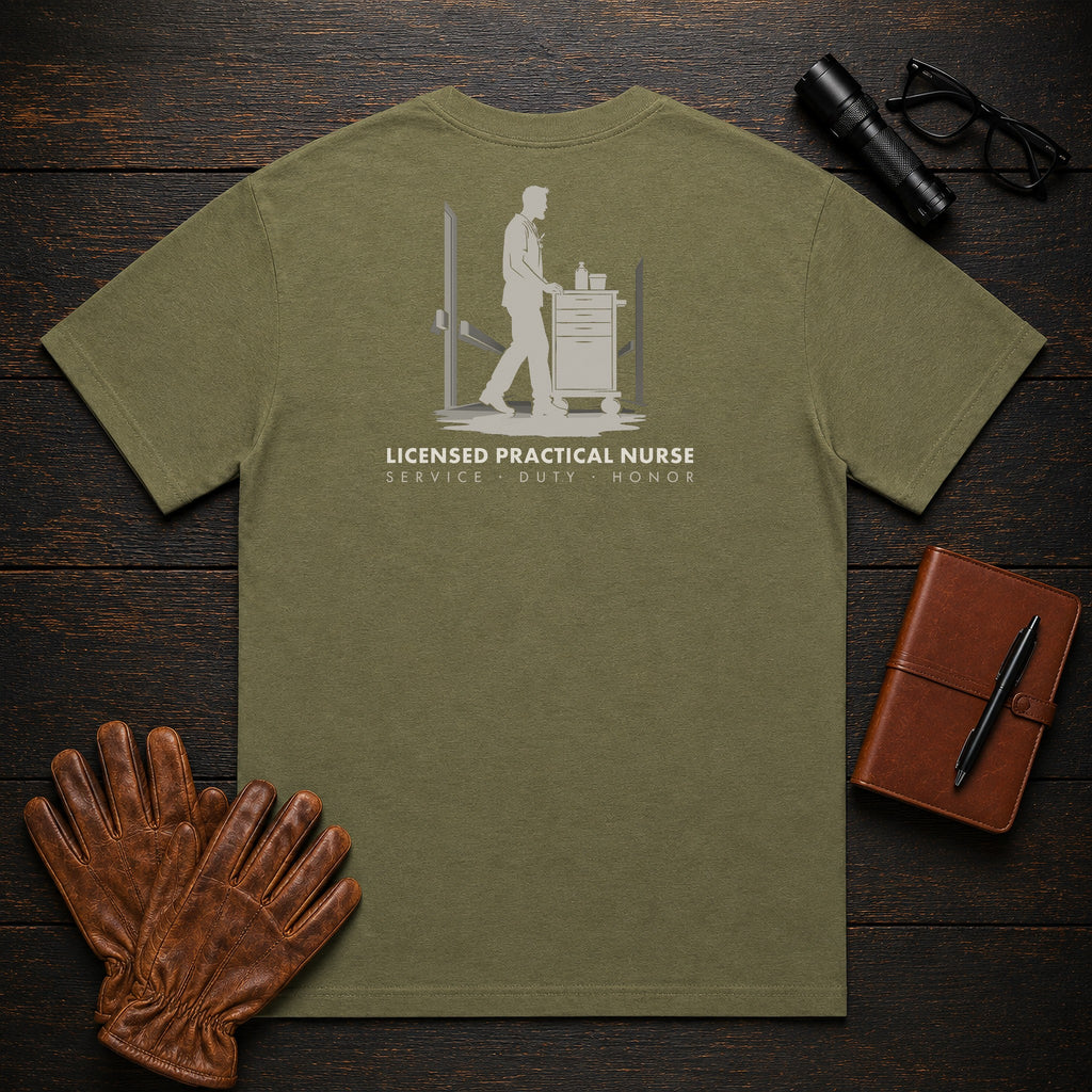 Licensed Practical Nurse T-Shirt | Standard Back Print | Medication Cart (Male) — Hemp