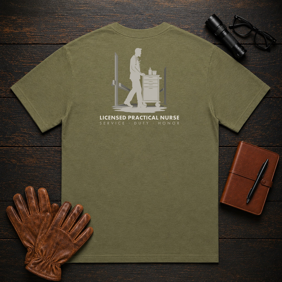 Licensed Practical Nurse T-Shirt | Standard Back Print | Medication Cart (Male) — Hemp
