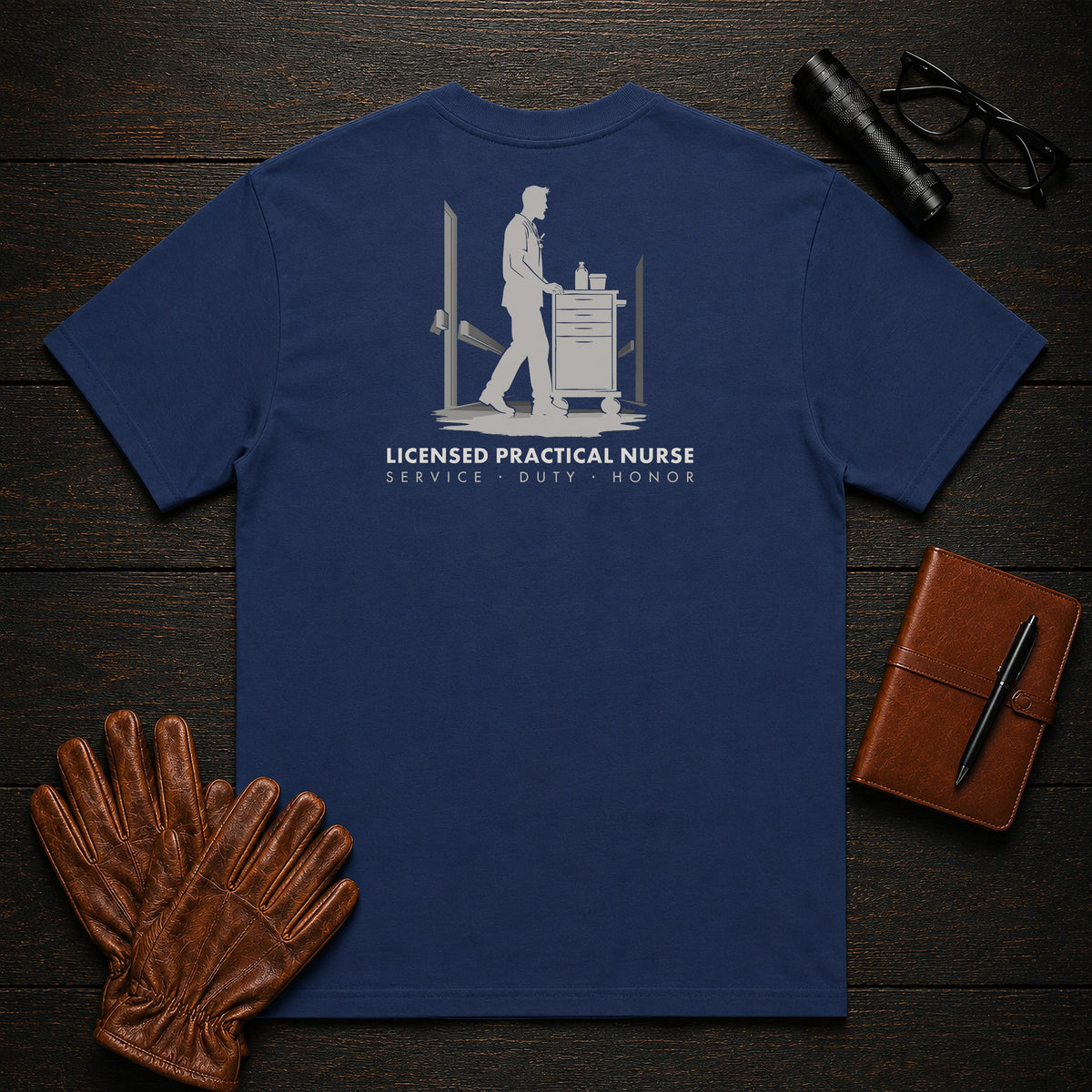 Licensed Practical Nurse T-Shirt | Standard Back Print | Medication Cart (Male) — True Navy