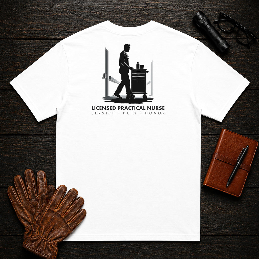 Licensed Practical Nurse T-Shirt | Standard Back Print | Medication Cart (Male) — White