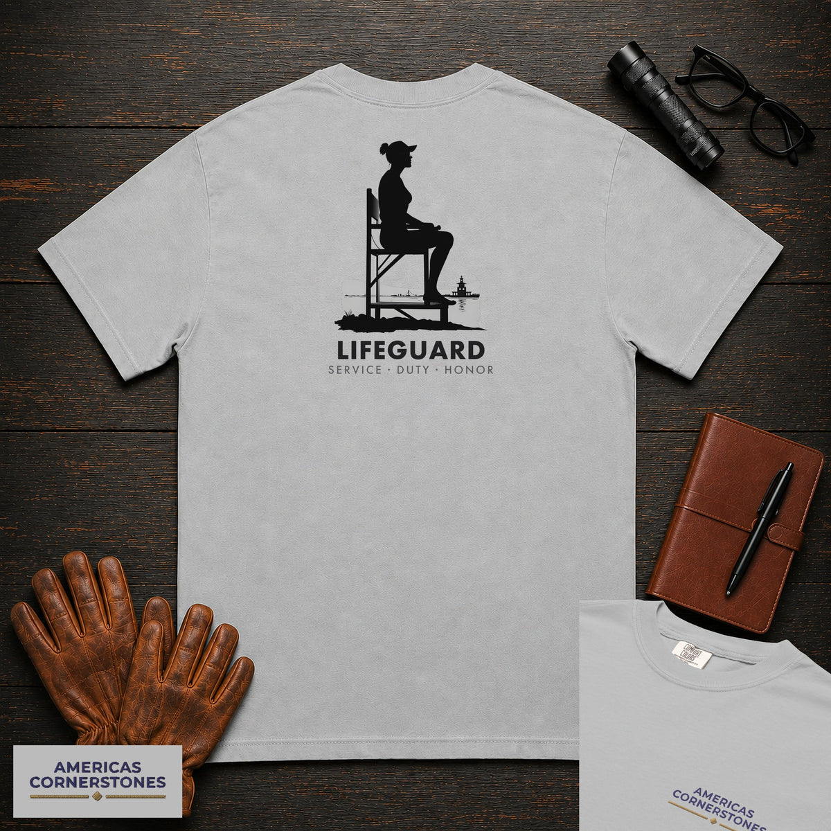Lifeguard T-Shirt | Statement Embroidered Front + Back Print | Chair Scan (Female) — Granite