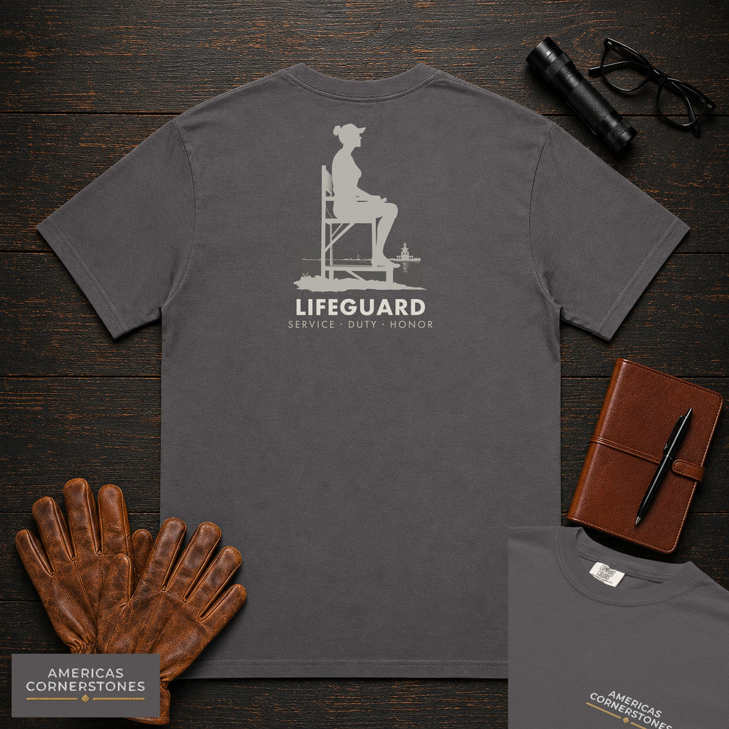 Lifeguard T-Shirt | Statement Embroidered Front + Back Print | Chair Scan (Female) — Graphite