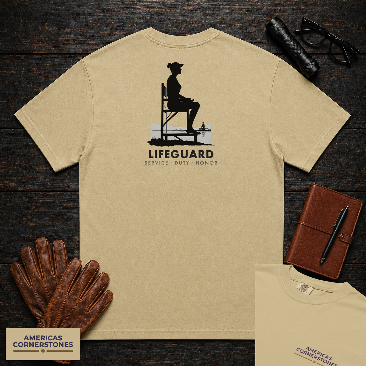 Lifeguard T-Shirt | Statement Embroidered Front + Back Print | Chair Scan (Female) — Khaki