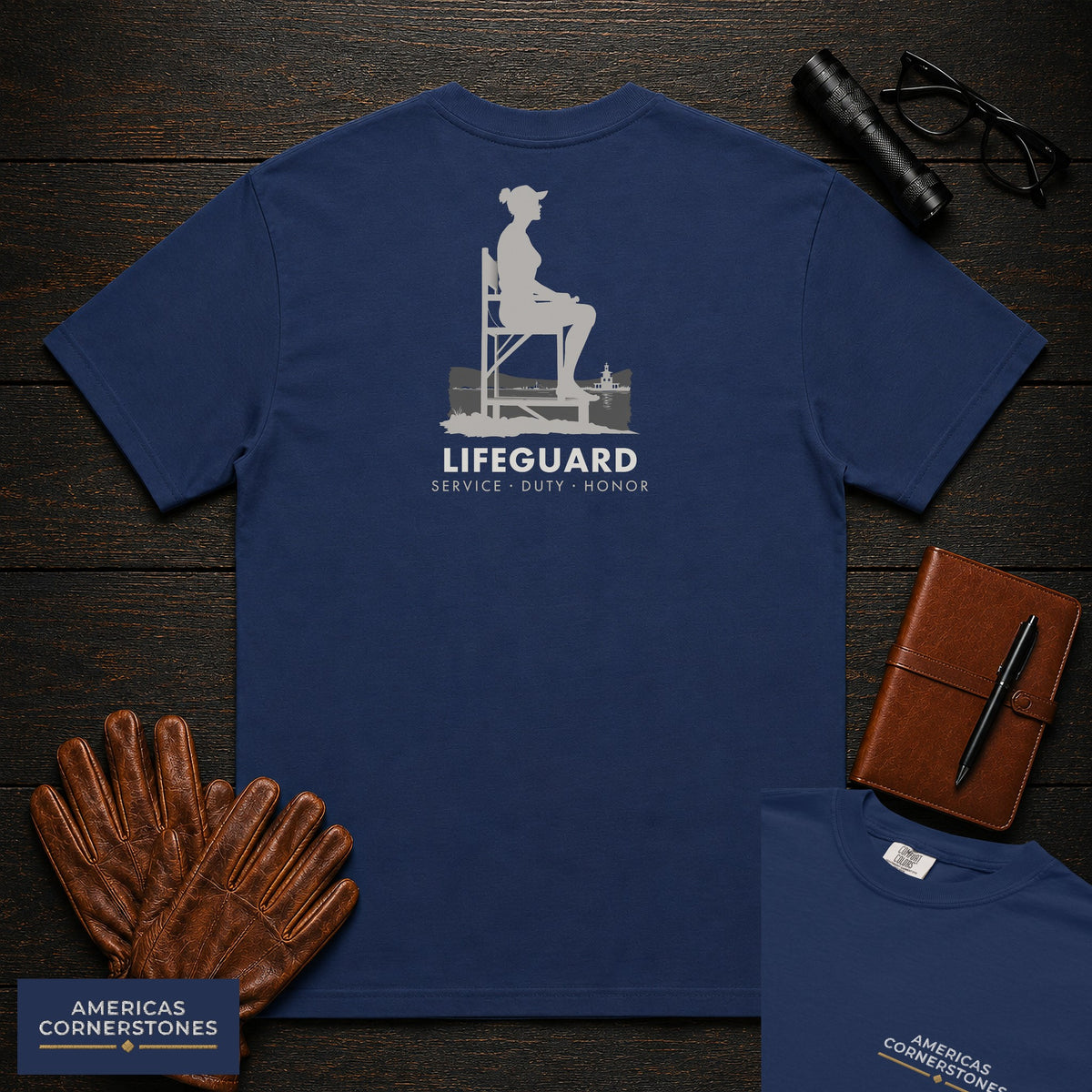Lifeguard T-Shirt | Statement Embroidered Front + Back Print | Chair Scan (Female) — True Navy