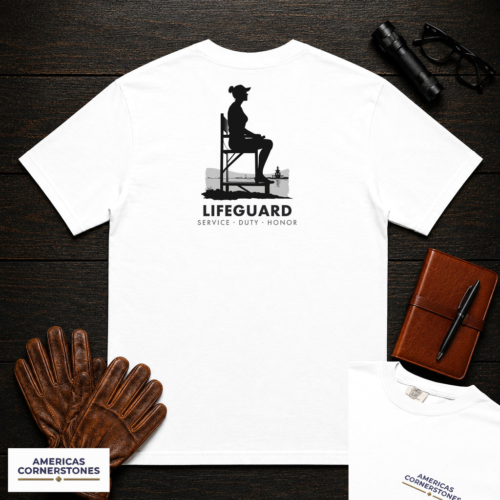 Lifeguard T-Shirt | Statement Embroidered Front + Back Print | Chair Scan (Female) — White