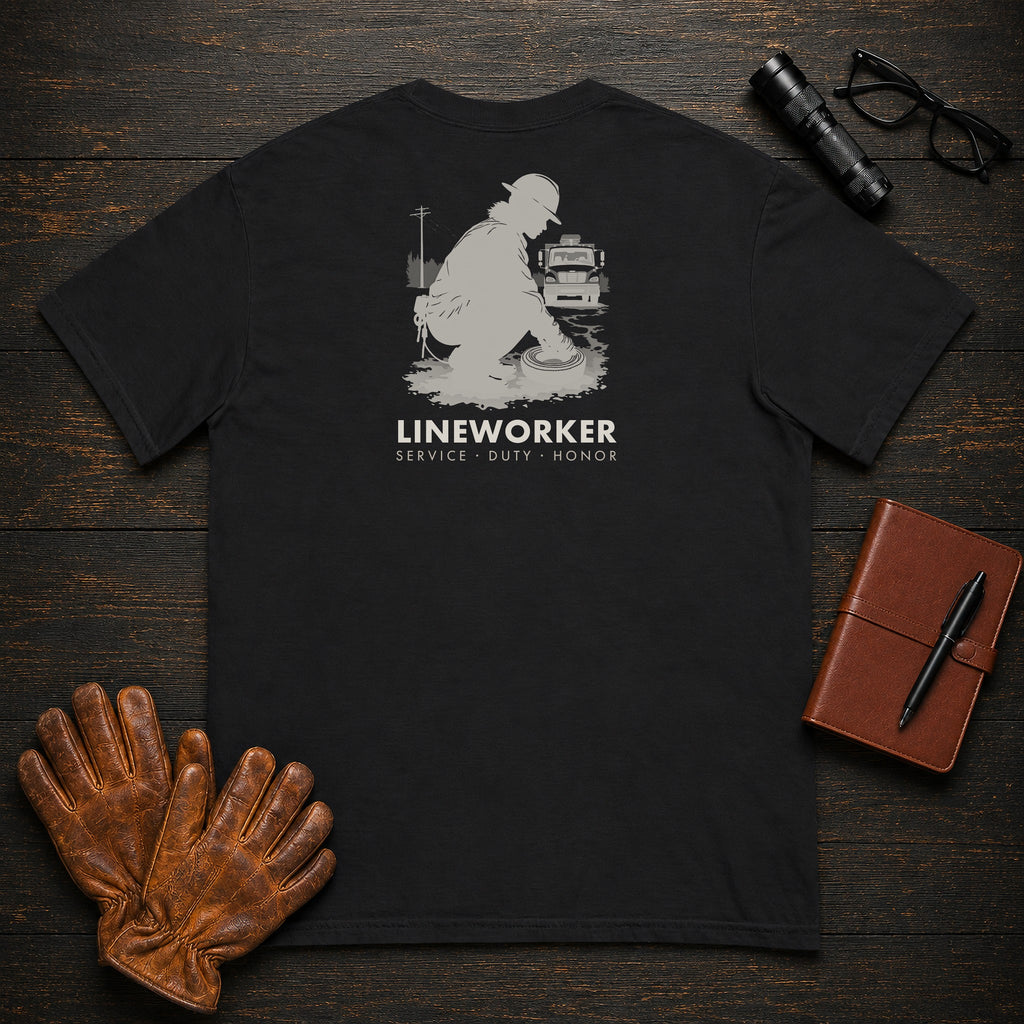 Lineworker T-Shirt | Standard Back Print | Preparing the Tools (Female) — Black
