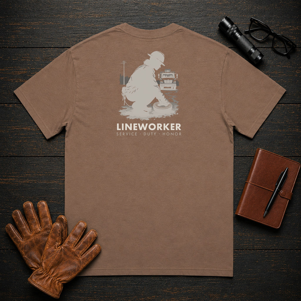 Lineworker T-Shirt | Standard Back Print | Preparing the Tools (Female) — Espresso