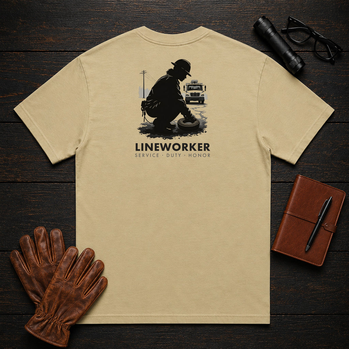 Lineworker T-Shirt | Standard Back Print | Preparing the Tools (Female) — Khaki