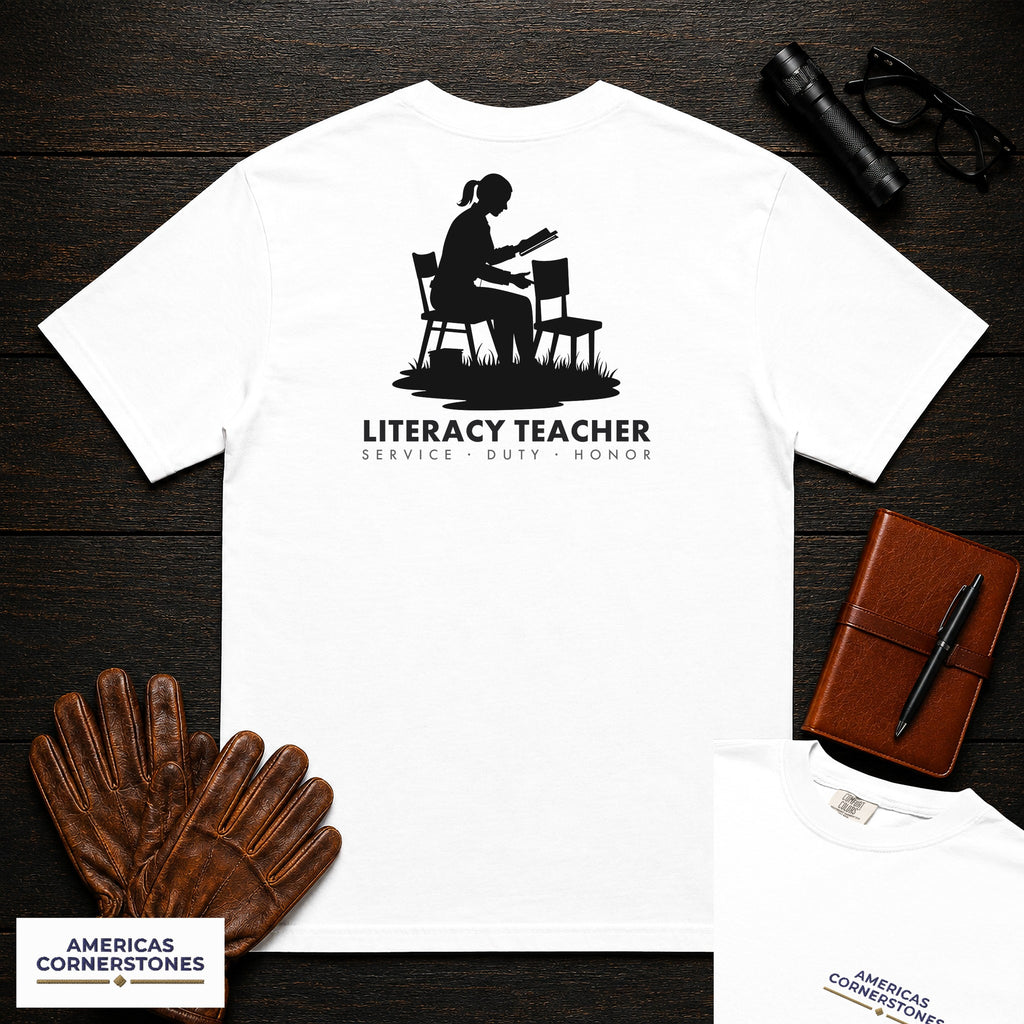Literacy Teacher T-Shirt | Statement Embroidered Front + Back Print | Beside empty chair (Female) — White