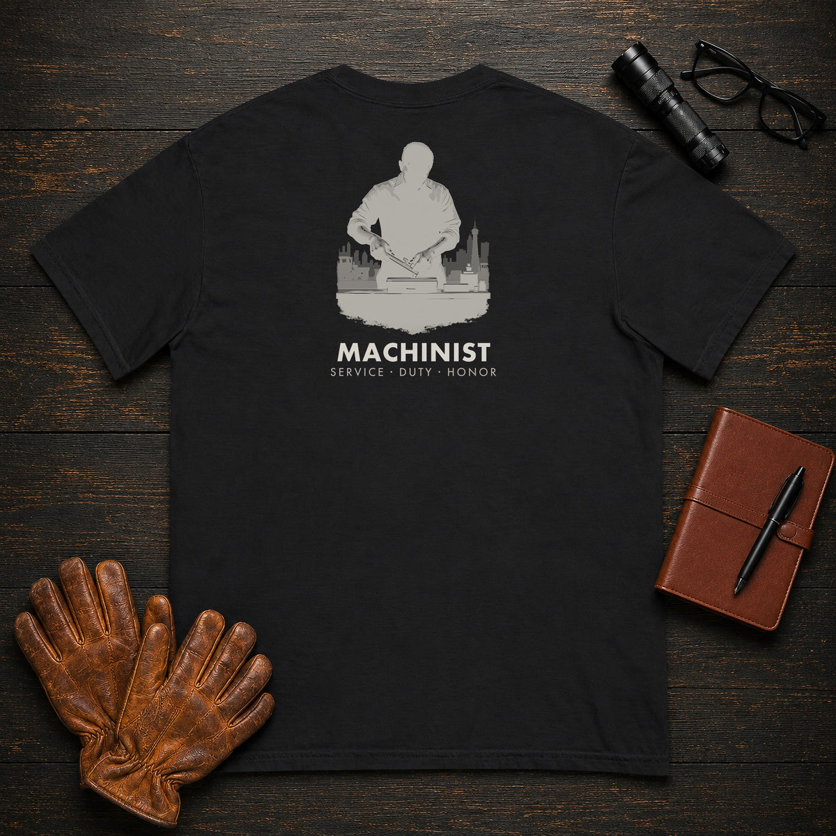 Machinist t-shirt in Black, Measuring a Part (Male)