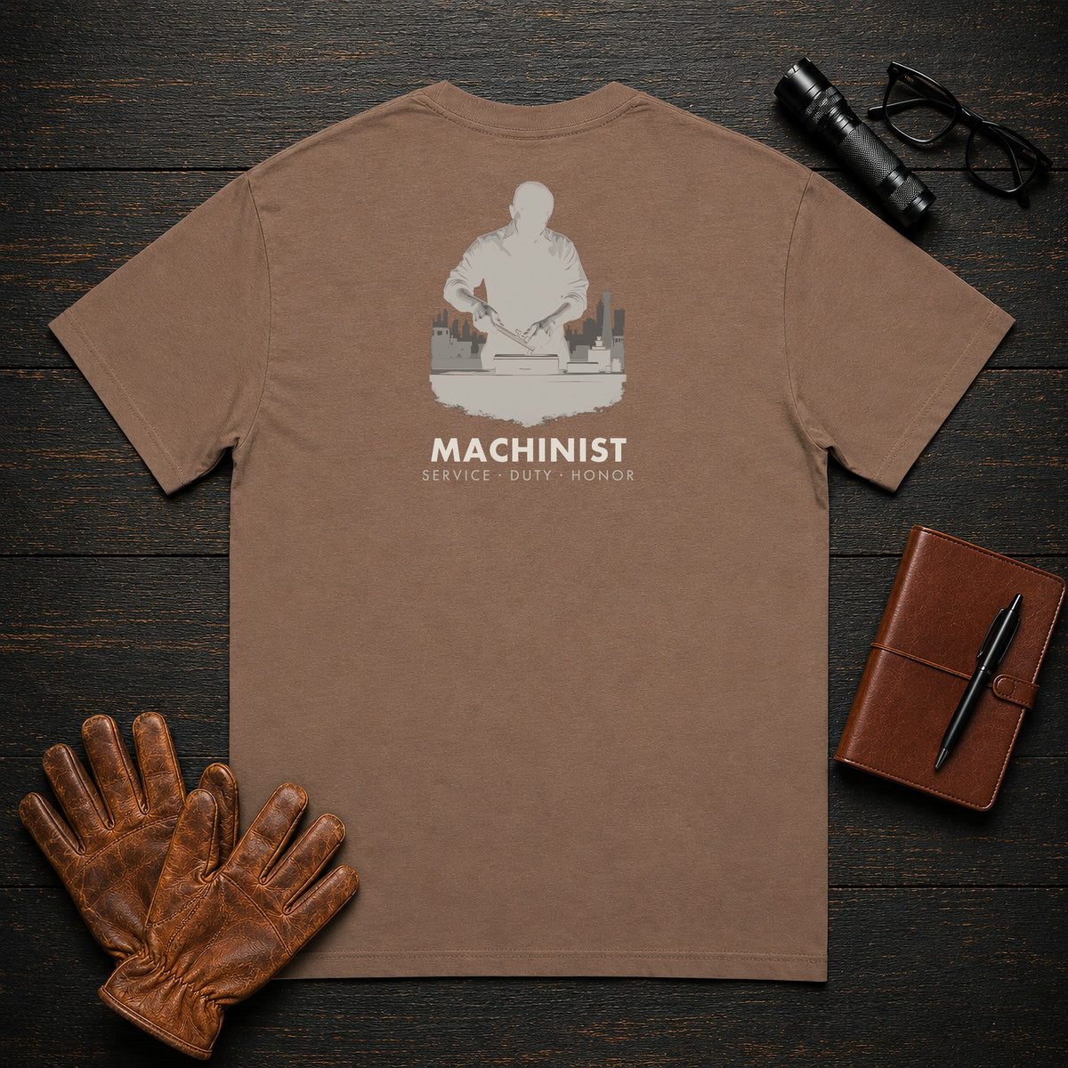 Machinist t-shirt in Espresso, Measuring a Part (Male)