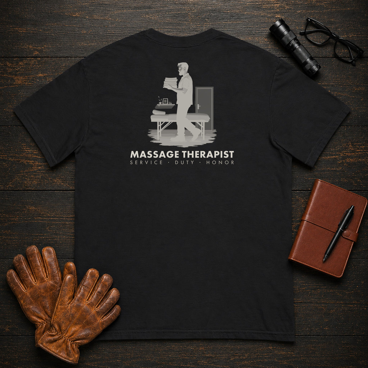 Massage Therapist T-Shirt | Standard Back Print | Carrying Fresh Linens (Male) — Black
