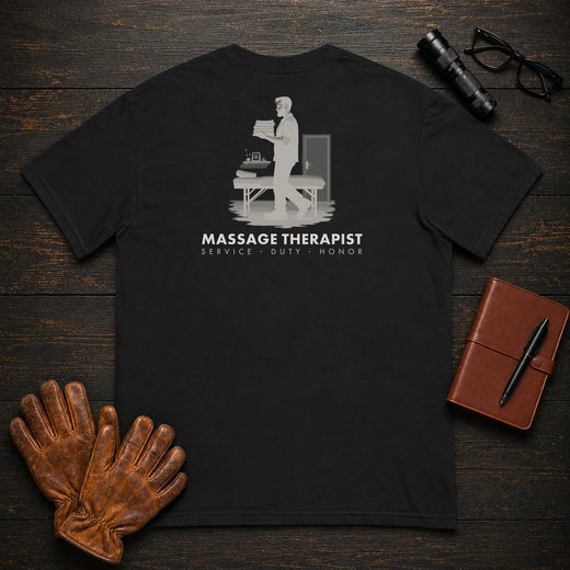 Massage Therapist T-Shirt | Standard Back Print | Carrying Fresh Linens (Male)