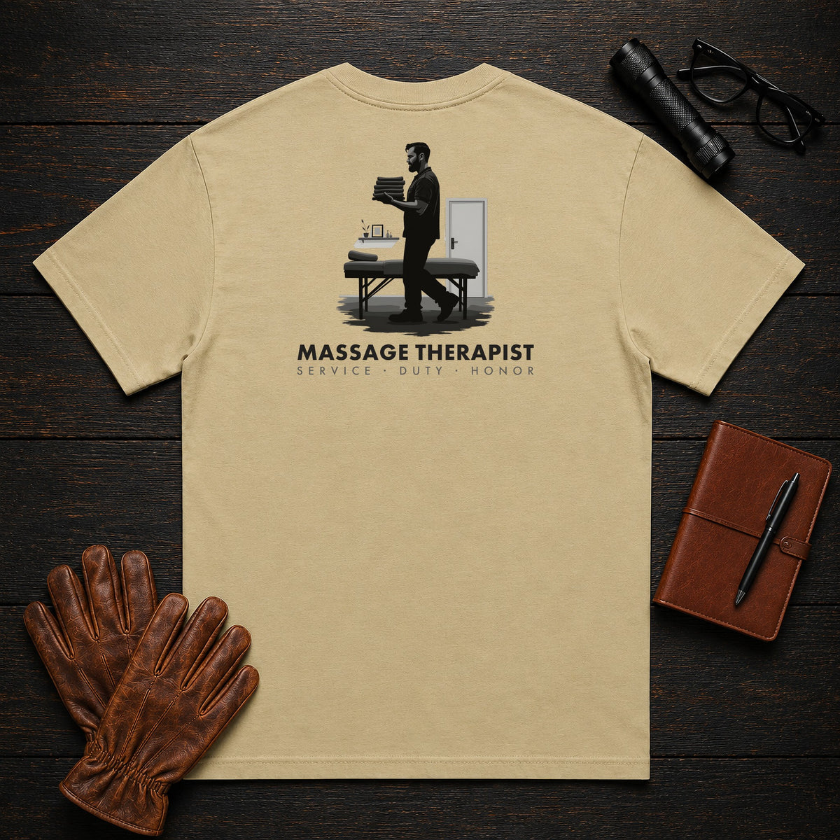 Massage Therapist T-Shirt | Standard Back Print | Carrying Fresh Linens (Male) — Khaki