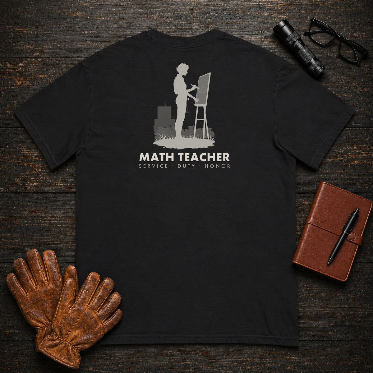Math Teacher T-Shirt | Standard Back Print | Solving at board (Female) — Black