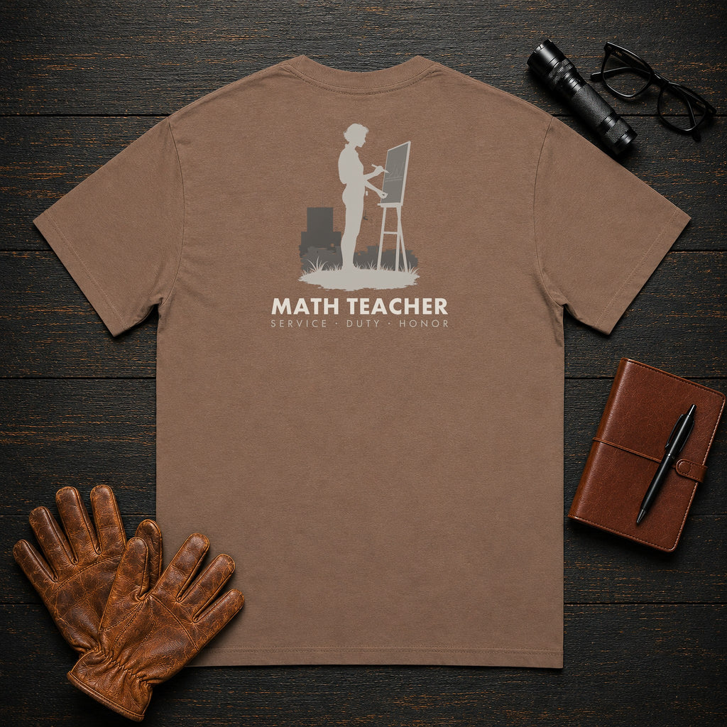 Math Teacher T-Shirt | Standard Back Print | Solving at board (Female) — Espresso
