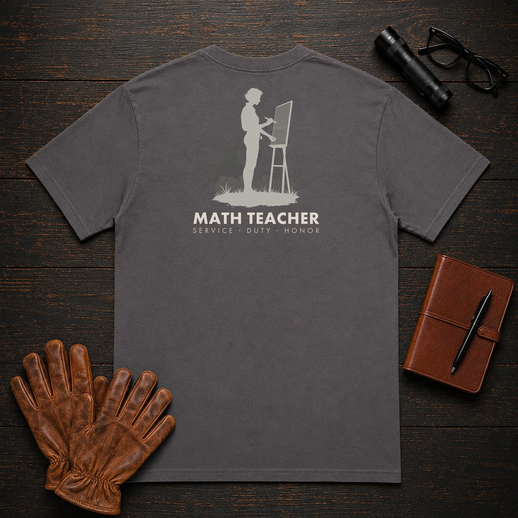 Math Teacher T-Shirt | Standard Back Print | Solving at board (Female) — Graphite