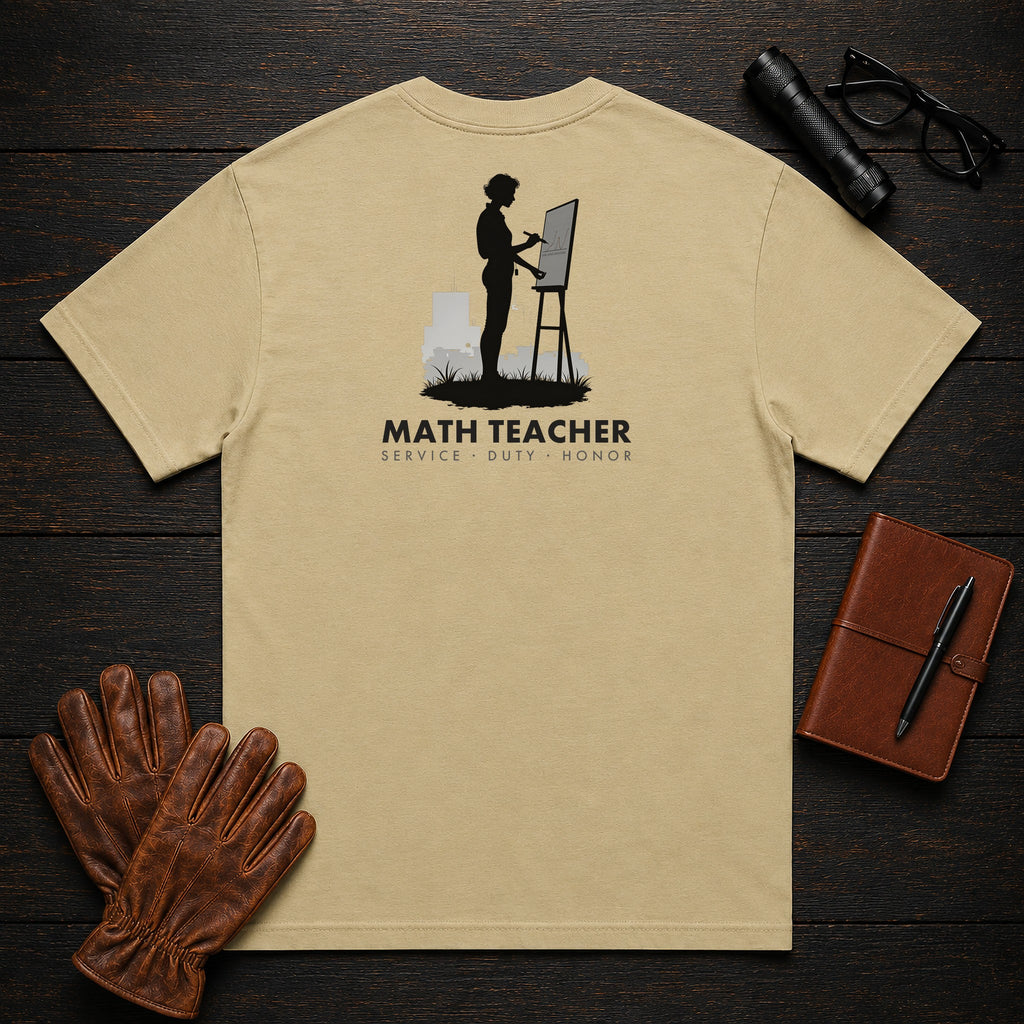 Math Teacher T-Shirt | Standard Back Print | Solving at board (Female) — Khaki