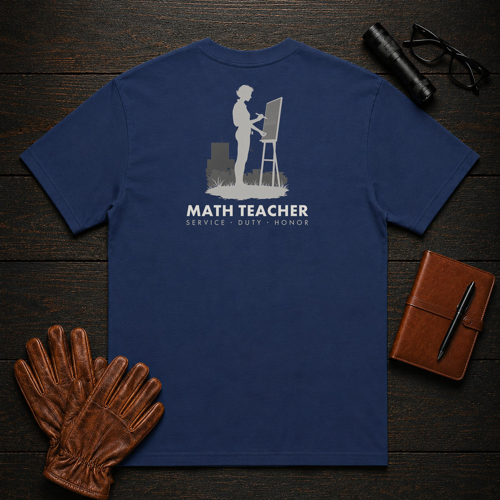 Math Teacher T-Shirt | Standard Back Print | Solving at board (Female) — True Navy