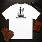 Math Teacher T-Shirt | Standard Back Print | Solving at board (Female) — White