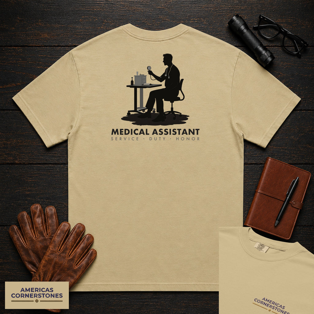 Medical Assistant T-Shirt | Statement Embroidered Front + Back Print | Blood Pressure (Male) — Khaki