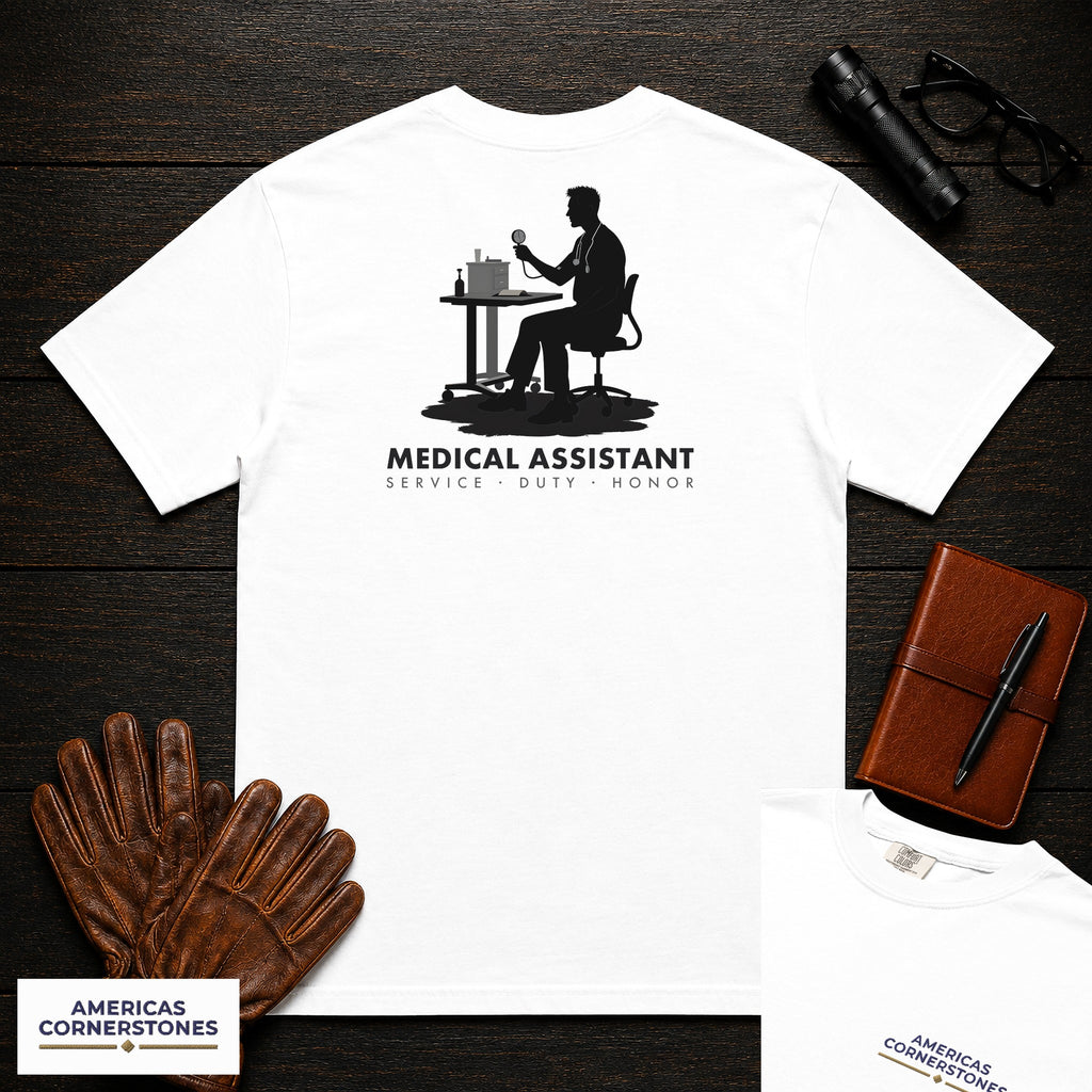 Medical Assistant T-Shirt | Statement Embroidered Front + Back Print | Blood Pressure (Male) — White