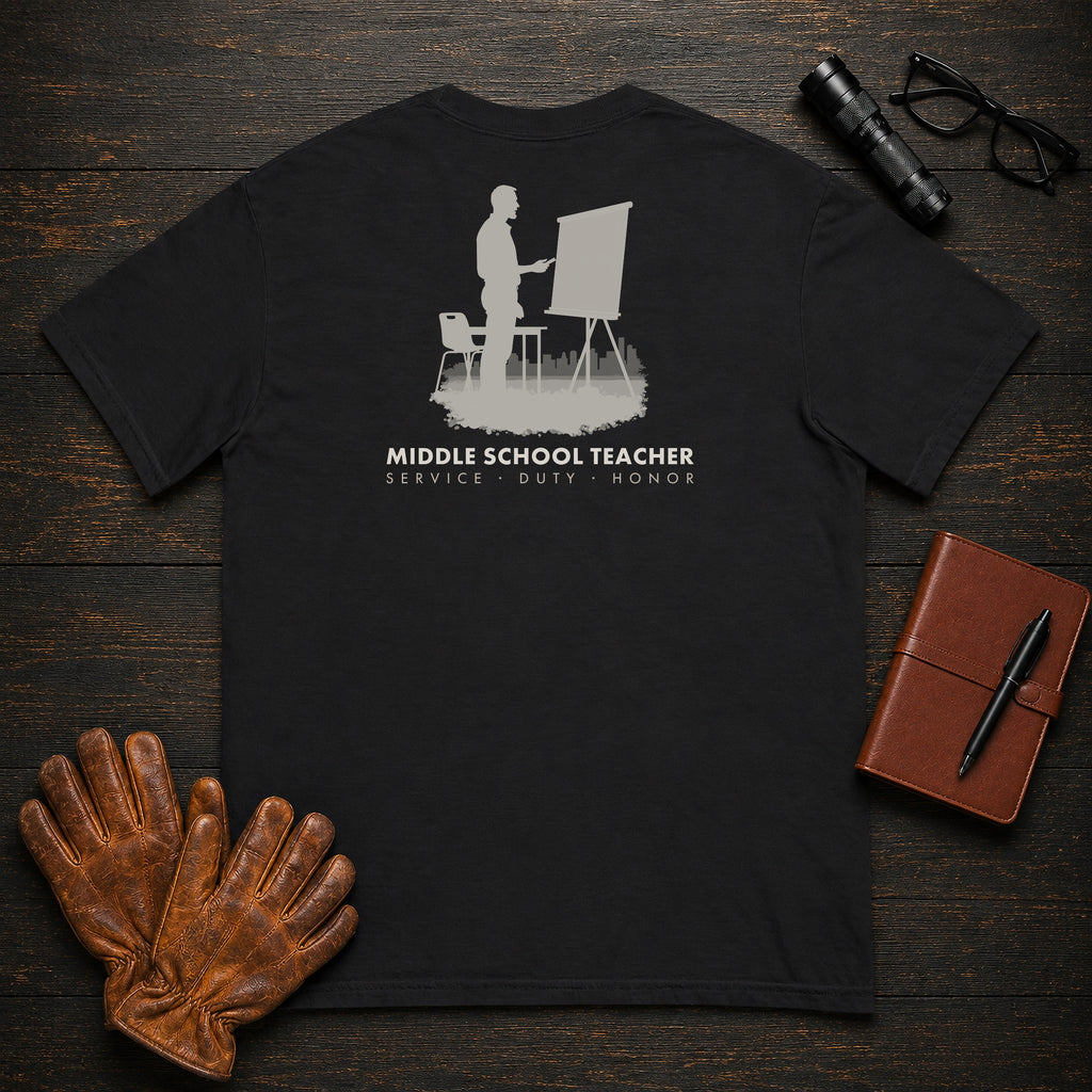 Middle School Teacher T-Shirt | Standard Back Print | Introducing lesson (Male) — Black