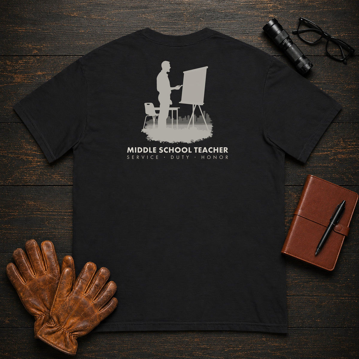 Middle School Teacher T-Shirt | Standard Back Print | Introducing lesson (Male) — Black