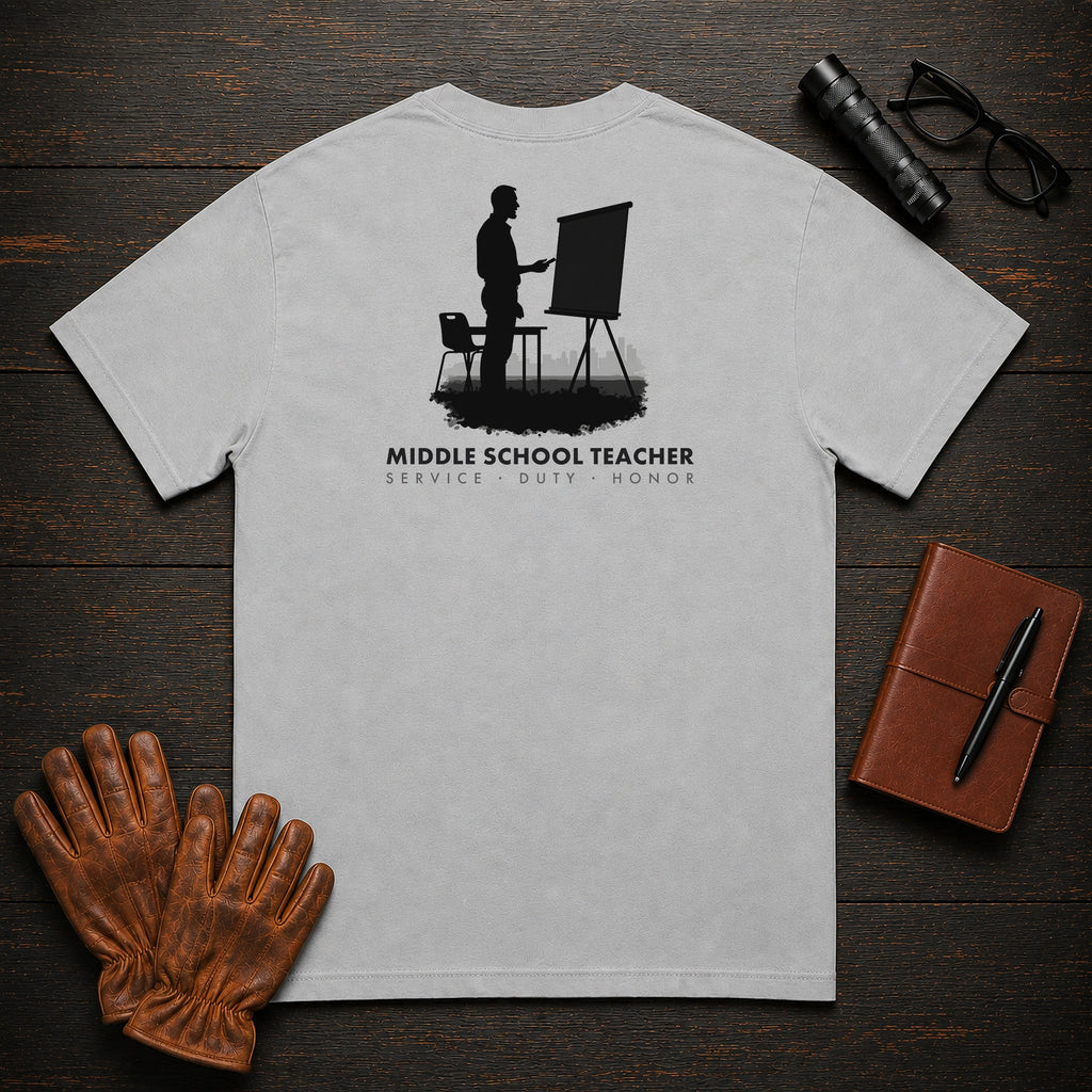 Middle School Teacher T-Shirt | Standard Back Print | Introducing lesson (Male) — Granite