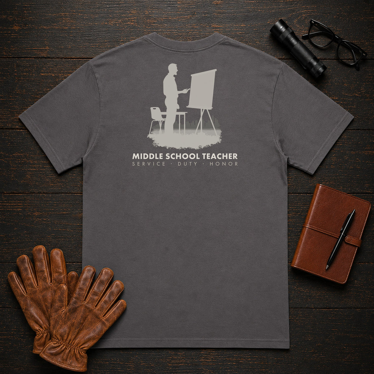 Middle School Teacher T-Shirt | Standard Back Print | Introducing lesson (Male) — Graphite