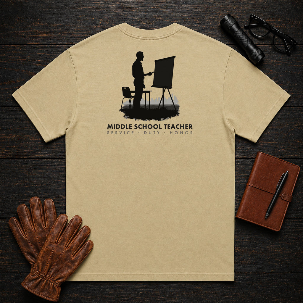 Middle School Teacher T-Shirt | Standard Back Print | Introducing lesson (Male) — Khaki