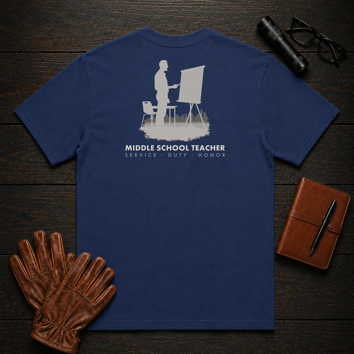 Middle School Teacher T-Shirt | Standard Back Print | Introducing lesson (Male) — True Navy