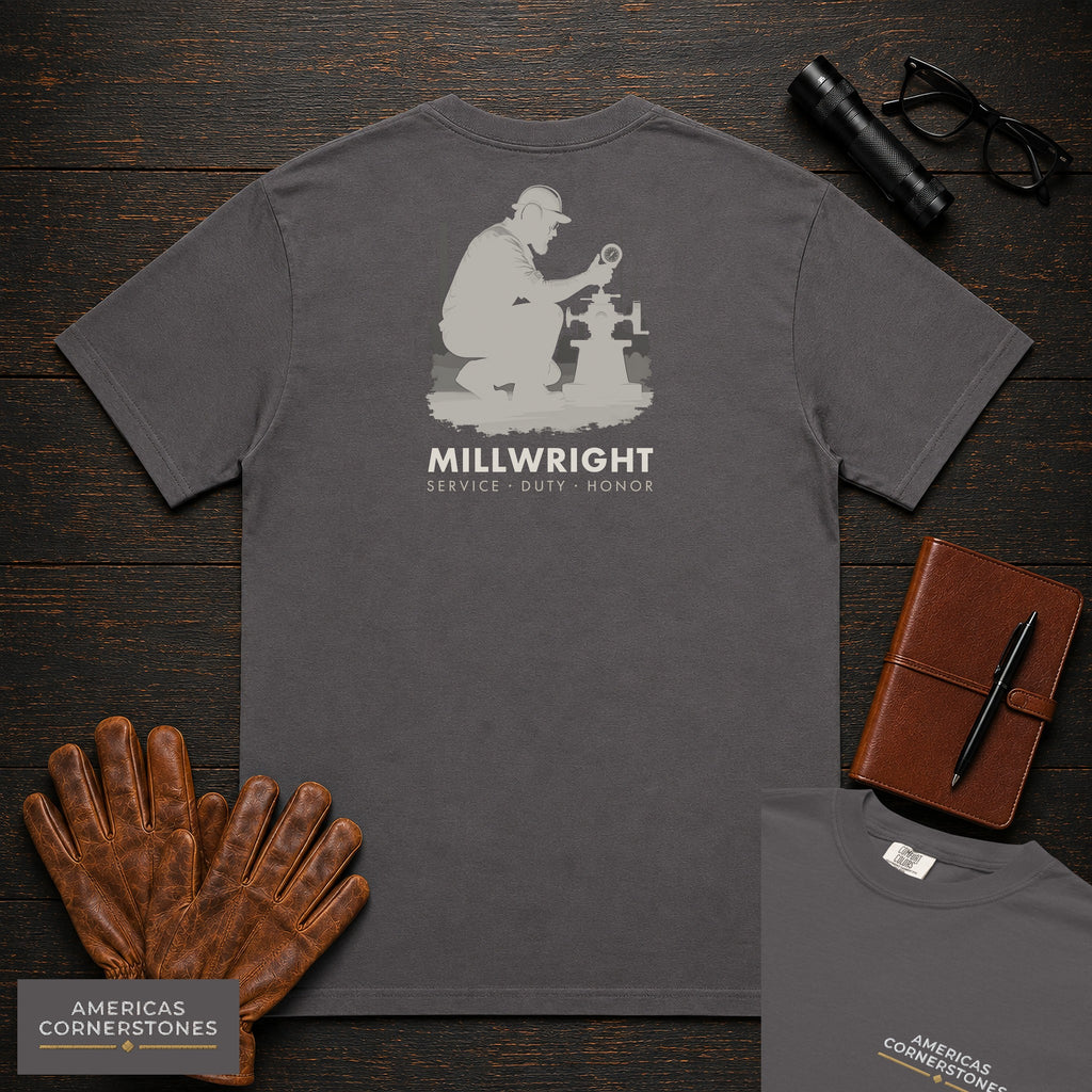 Millwright T-Shirt | Statement Embroidered Front + Back Print | Dial Indicator Check (Male) — Graphite